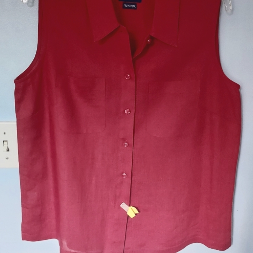 Red Liz Claiborne Sleeveless Linen Button Down Blouse Size Large